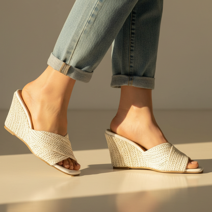 Effortless Woven Raffia Wedge Sandal for Women with Crisscross Open Toe Slip On Slide Style