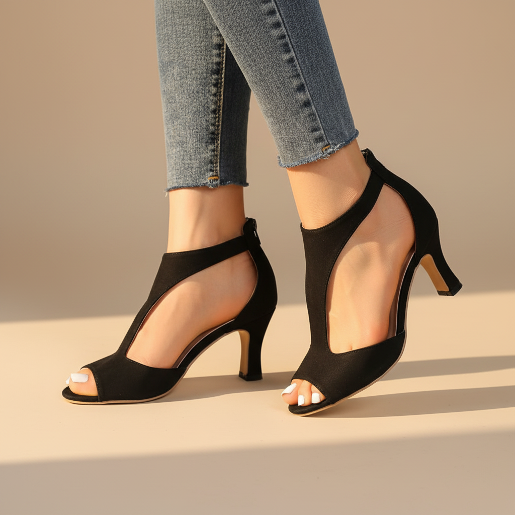 Elegant Suede Peep Toe Sandal for Women with T Strap Cutout Stiletto Heel Style