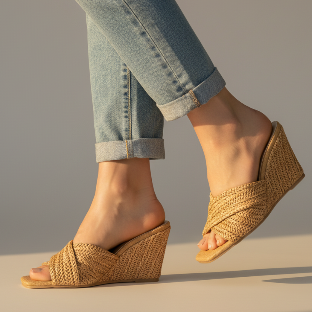 Effortless Woven Raffia Wedge Sandal for Women with Crisscross Open Toe Slip On Slide Style