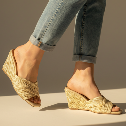 Effortless Woven Raffia Wedge Sandal for Women with Crisscross Open Toe Slip On Slide Style