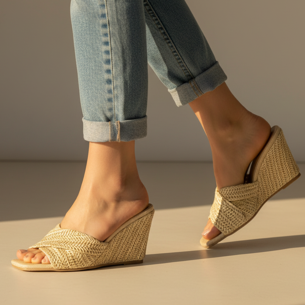 Effortless Woven Raffia Wedge Sandal for Women with Crisscross Open Toe Slip On Slide Style