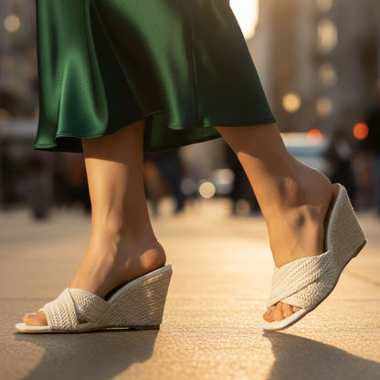 Effortless Woven Raffia Wedge Sandal for Women with Crisscross Open Toe Slip On Slide Style