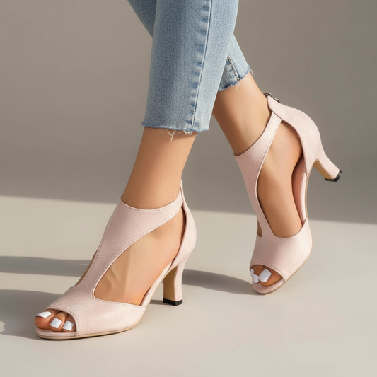 Elegant Suede Peep Toe Sandal for Women with T Strap Cutout Stiletto Heel Style