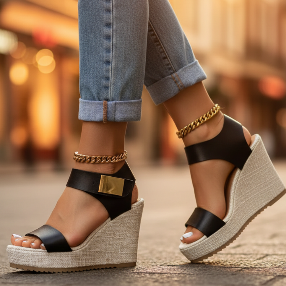 Stylish Espadrille Wedge Sandal for Women with Ankle Strap Gold Chain Platform Style