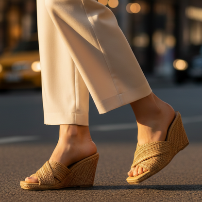 Effortless Woven Raffia Wedge Sandal for Women with Crisscross Open Toe Slip On Slide Style