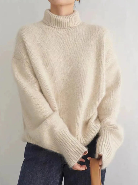Comfortable Ribbed Knit Sweater for Women with Turtleneck Long Sleeve Relaxed Oversized Style