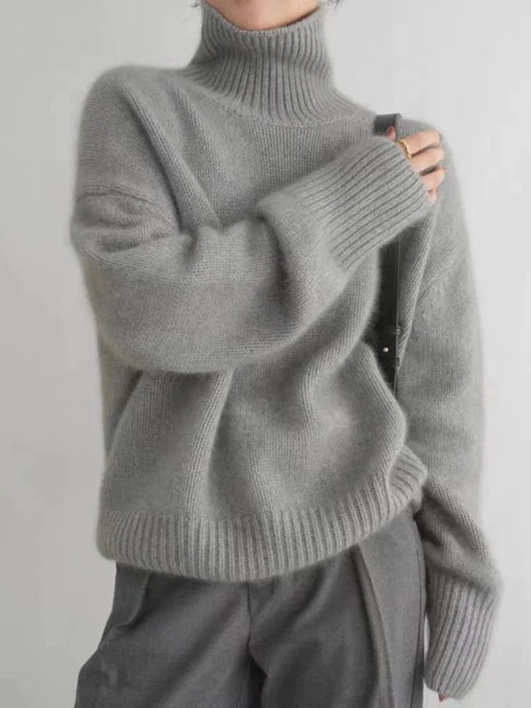 Comfortable Ribbed Knit Sweater for Women with Turtleneck Long Sleeve Relaxed Oversized Style