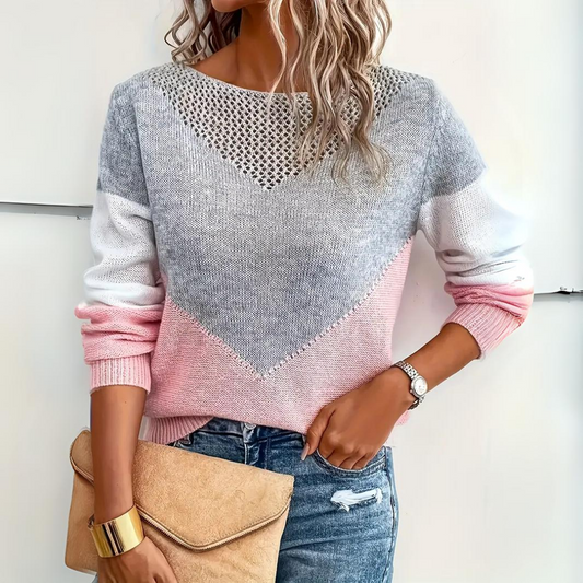 Comfortable Pink Colorblock Sweater for Women with Crew Neck Long Sleeve Crochet Detail Oversized Knit Style