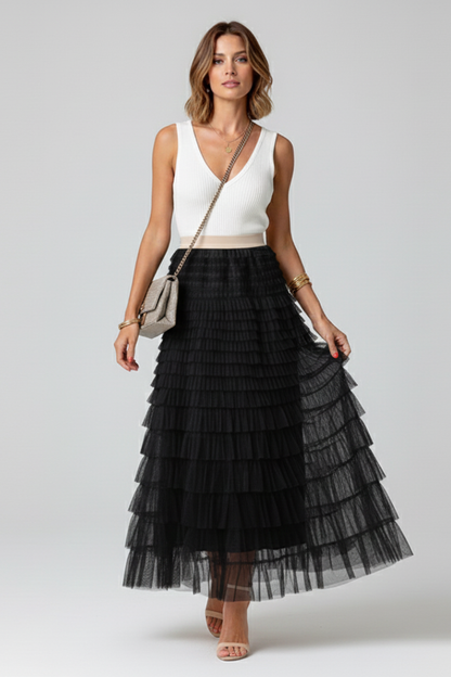 Elegant Midi Skirt for Women with Elastic High Waist Layered Tiered Tulle Ruffle Formal Casual Style