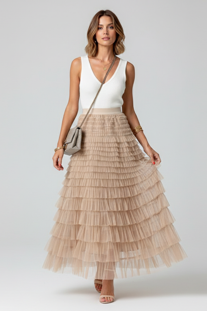 Elegant Midi Skirt for Women with Elastic High Waist Layered Tiered Tulle Ruffle Formal Casual Style