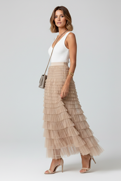 Elegant Midi Skirt for Women with Elastic High Waist Layered Tiered Tulle Ruffle Formal Casual Style