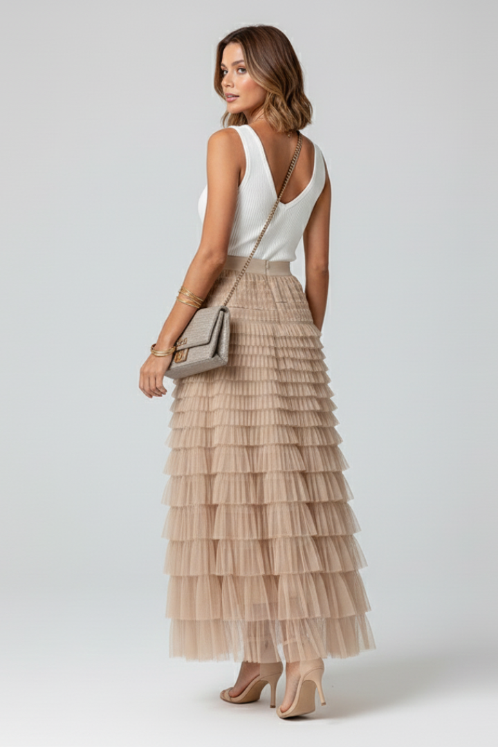Elegant Midi Skirt for Women with Elastic High Waist Layered Tiered Tulle Ruffle Formal Casual Style