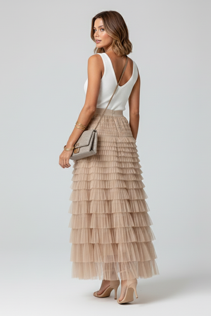 Elegant Midi Skirt for Women with Elastic High Waist Layered Tiered Tulle Ruffle Formal Casual Style