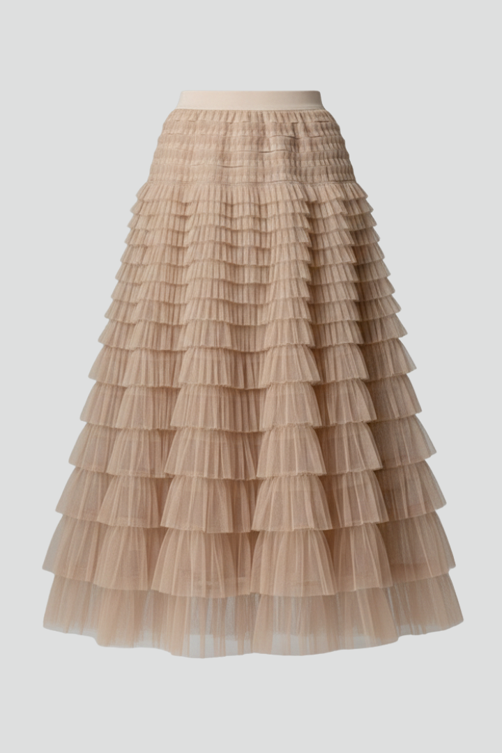 Elegant Midi Skirt for Women with Elastic High Waist Layered Tiered Tulle Ruffle Formal Casual Style