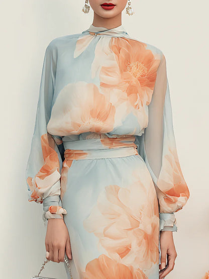 Elegant Light Blue Floral Midi Dress for Women with Keyhole Neck Bishop Sleeve Flowing Wedding Guest Style