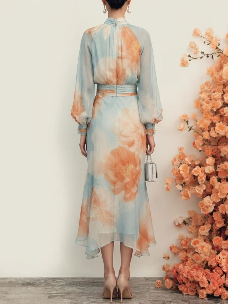 Elegant Light Blue Floral Midi Dress for Women with Keyhole Neck Bishop Sleeve Flowing Wedding Guest Style
