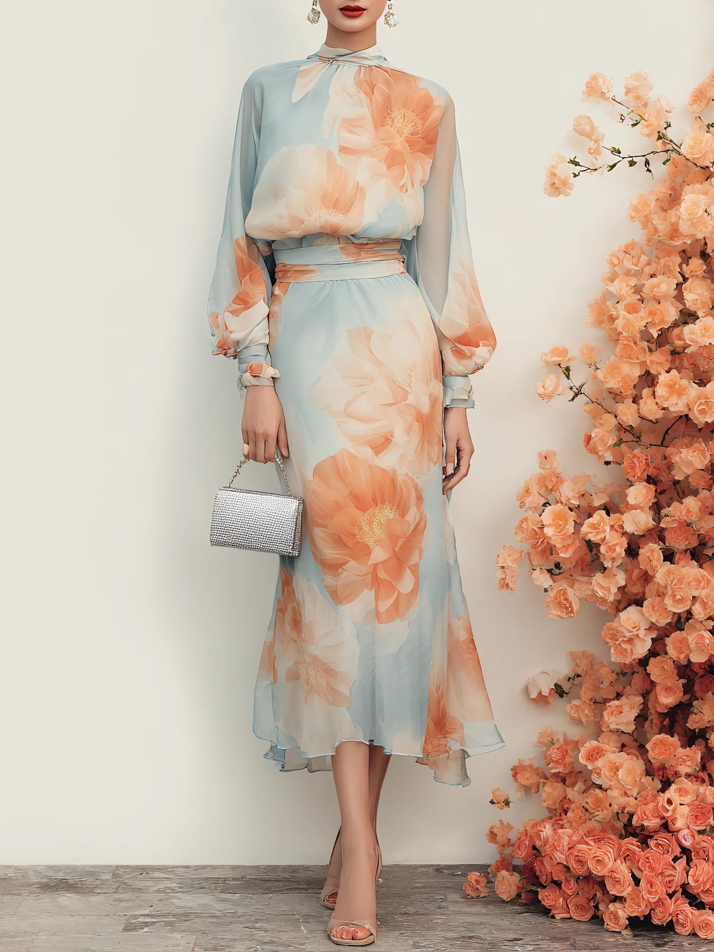 Elegant Light Blue Floral Midi Dress for Women with Keyhole Neck Bishop Sleeve Flowing Wedding Guest Style