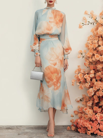Elegant Light Blue Floral Midi Dress for Women with Keyhole Neck Bishop Sleeve Flowing Wedding Guest Style