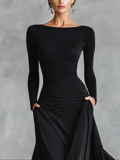 Elegant Black Maxi Dress for Women with Boat Neck Long Sleeve Ruched Flowing Style