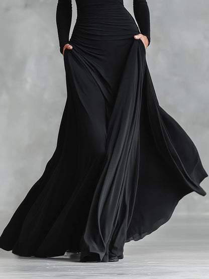 Elegant Black Maxi Dress for Women with Boat Neck Long Sleeve Fit and Flare Floor Length Style