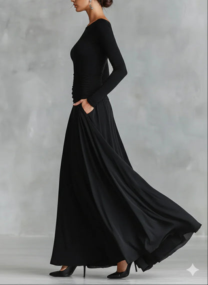 Elegant Black Maxi Dress for Women with Boat Neck Long Sleeve Ruched Flowing Style