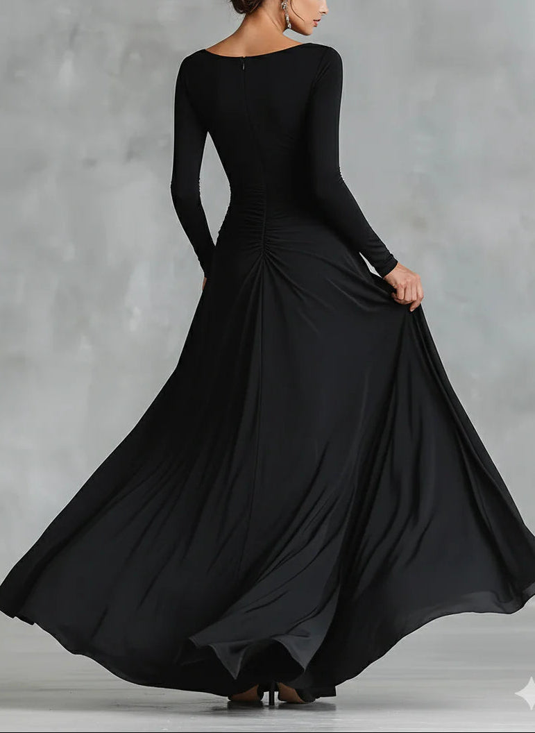 Elegant Black Maxi Dress for Women with Boat Neck Long Sleeve Ruched Flowing Style