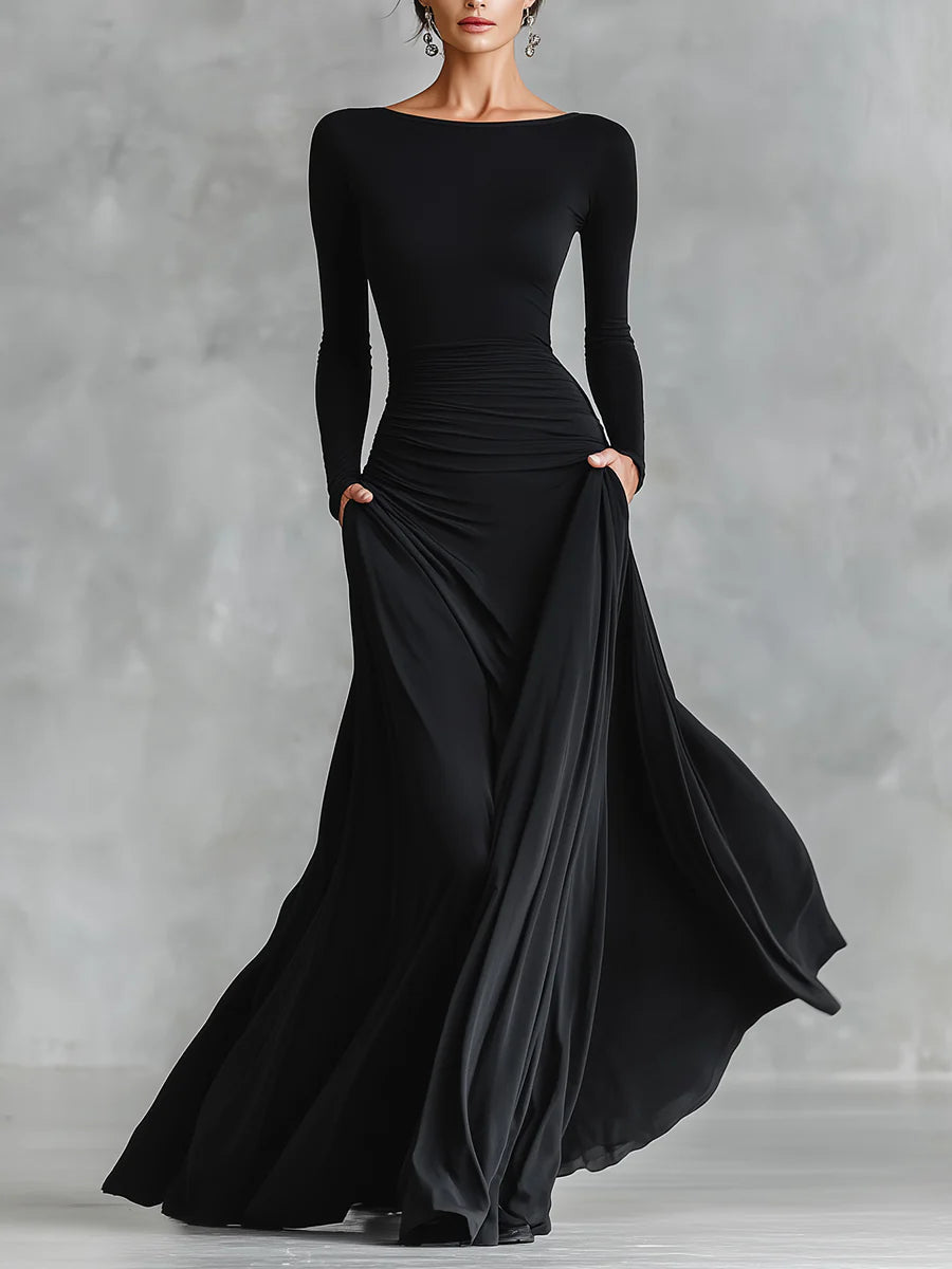 Elegant Black Maxi Dress for Women with Boat Neck Long Sleeve Ruched Flowing Style