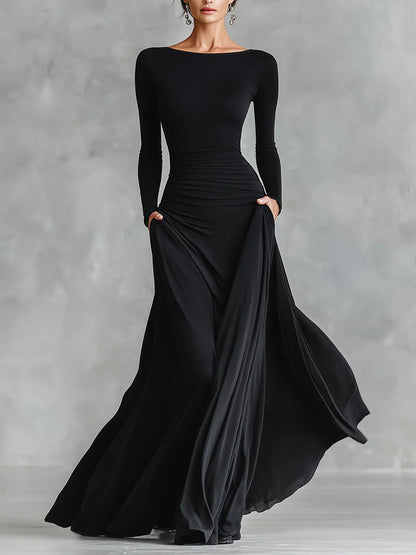 Elegant Black Maxi Dress for Women with Boat Neck Long Sleeve Ruched Flowing Style