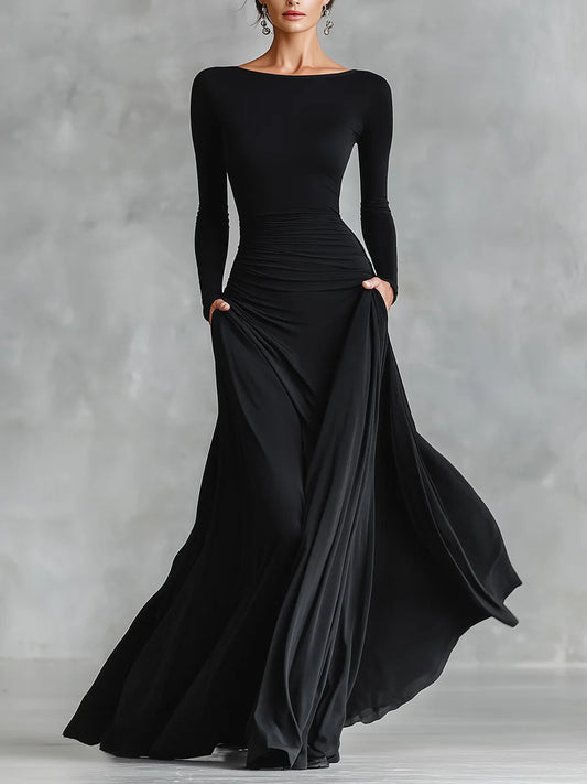 Elegant Black Maxi Dress for Women with Boat Neck Long Sleeve Ruched Flowing Style