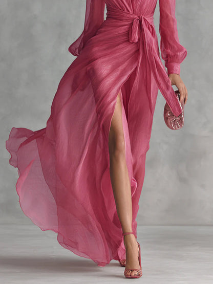 Elegant Pink Chiffon Wrap Maxi Dress for Women with V Neck Long Sleeve High Slit Flowing Formal Wedding Guest Style