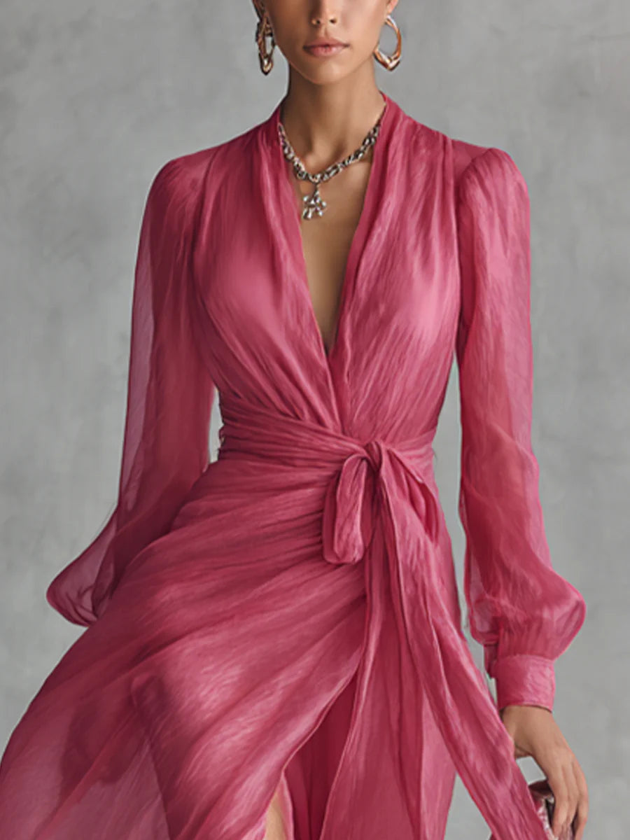 Elegant Pink Chiffon Wrap Maxi Dress for Women with V Neck Long Sleeve High Slit Flowing Formal Wedding Guest Style