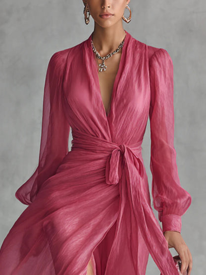 Elegant Pink Chiffon Wrap Maxi Dress for Women with V Neck Long Sleeve High Slit Flowing Formal Wedding Guest Style