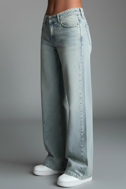 Stylish Light Blue Jeans for Women with High Waist Drawstring Detail Relaxed Wide Leg Casual Jean Style