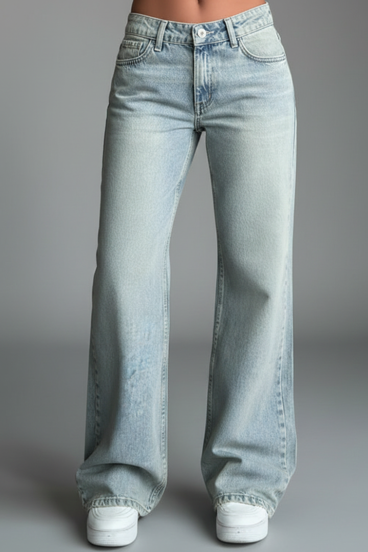 Stylish Light Blue Jeans for Women with High Waist Drawstring Detail Relaxed Wide Leg Casual Jean Style