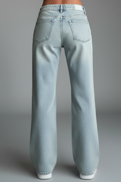 Stylish Light Blue Jeans for Women with High Waist Drawstring Detail Relaxed Wide Leg Casual Jean Style