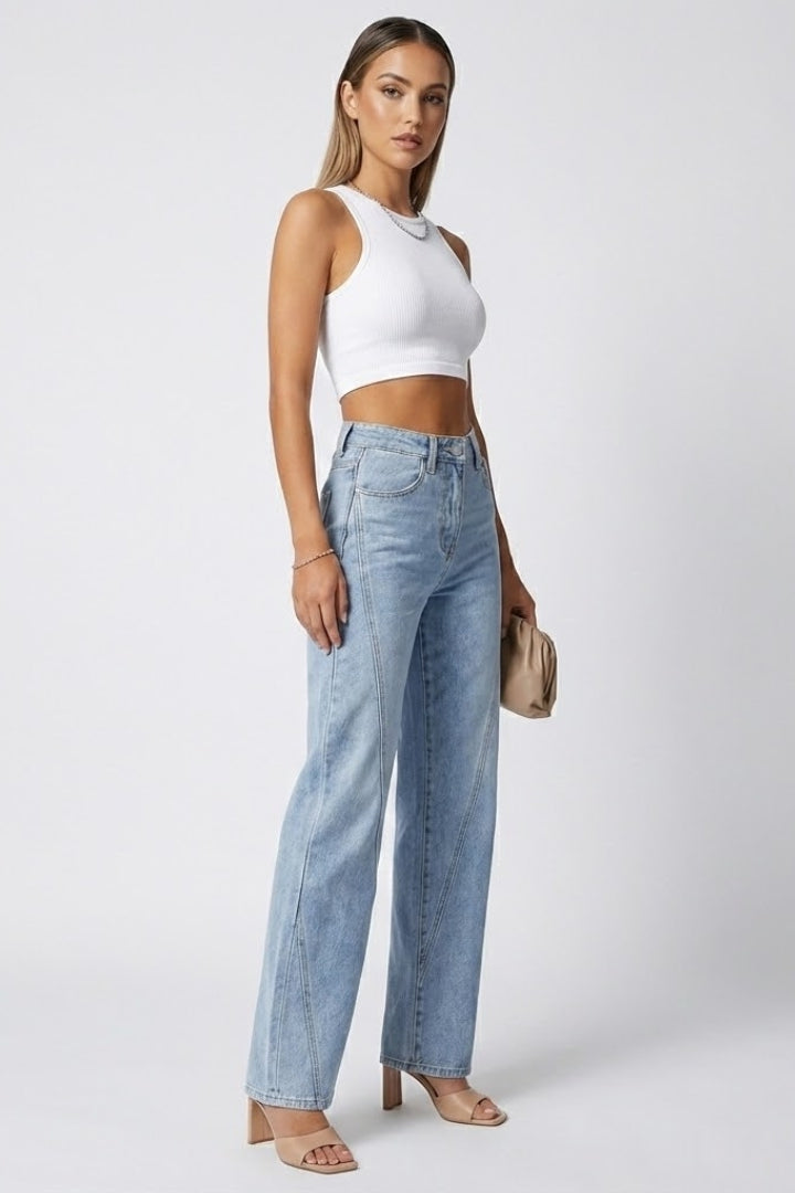 Effortless Relaxed Blue Wide Leg Jeans for Women with High Waist Straight Style