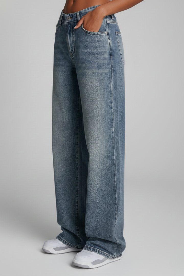 Stylish Blue Jeans for Women with Mid Rise Relaxed Wide Leg Five Pocket Casual Jean Style