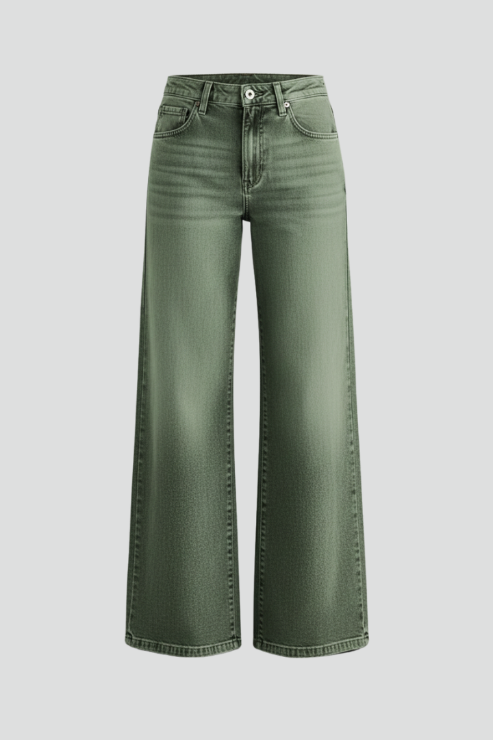 Stylish Army Green Jeans for Women with High Rise Wide Leg Relaxed Fit Flare Casual Jean Style
