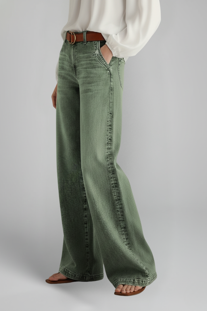 Stylish Army Green Jeans for Women with High Rise Wide Leg Relaxed Fit Flare Casual Jean Style