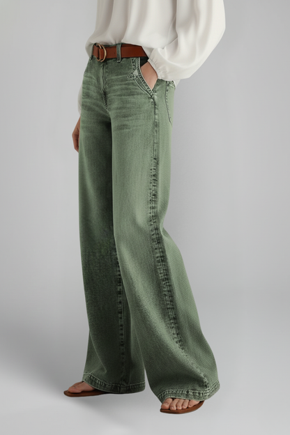 Stylish Army Green Jeans for Women with High Rise Wide Leg Relaxed Fit Flare Casual Jean Style