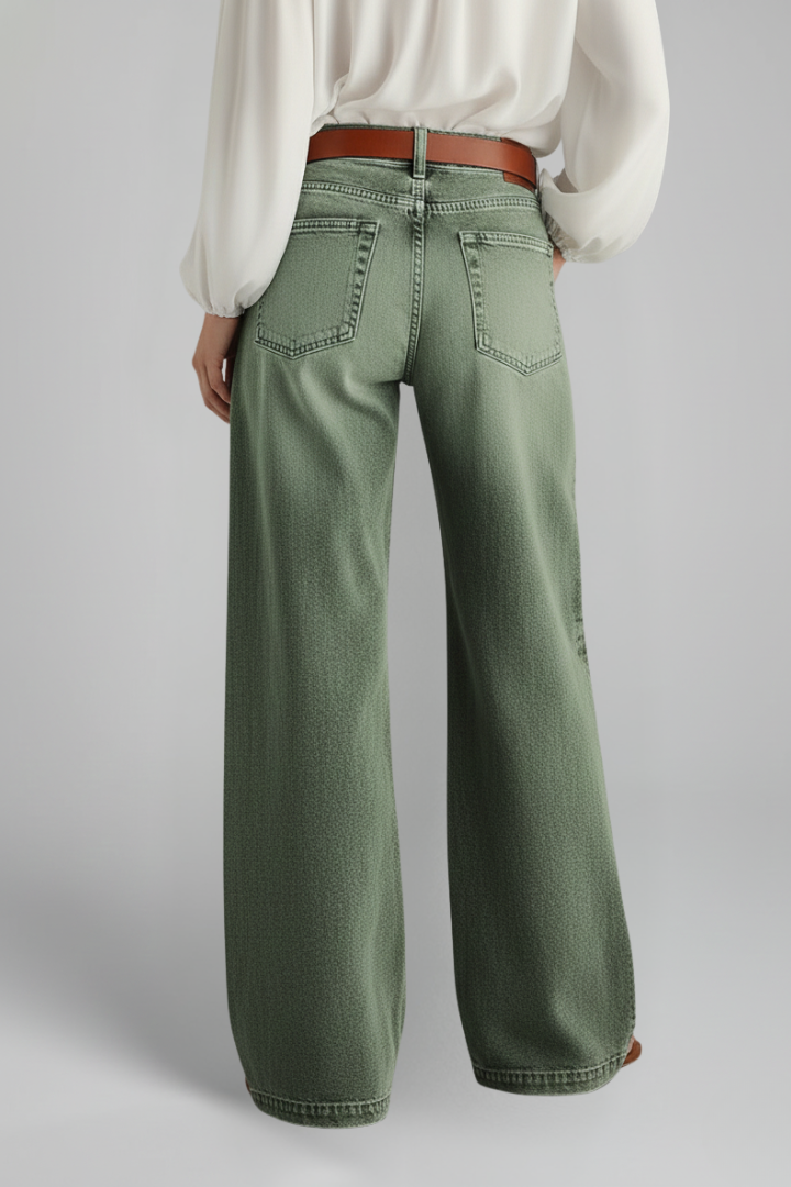 Stylish Army Green Jeans for Women with High Rise Wide Leg Relaxed Fit Flare Casual Jean Style