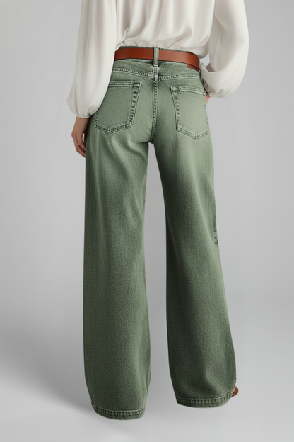 Stylish Army Green Jeans for Women with High Rise Wide Leg Relaxed Fit Flare Casual Jean Style