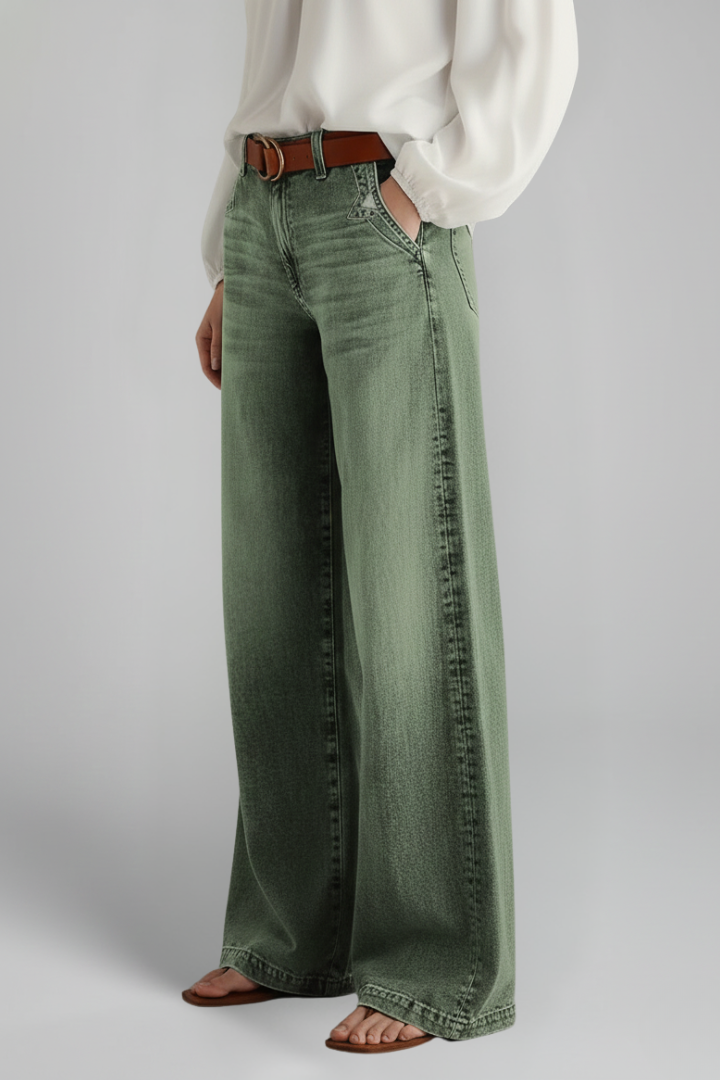 Stylish Army Green Jeans for Women with High Rise Wide Leg Relaxed Fit Flare Casual Jean Style