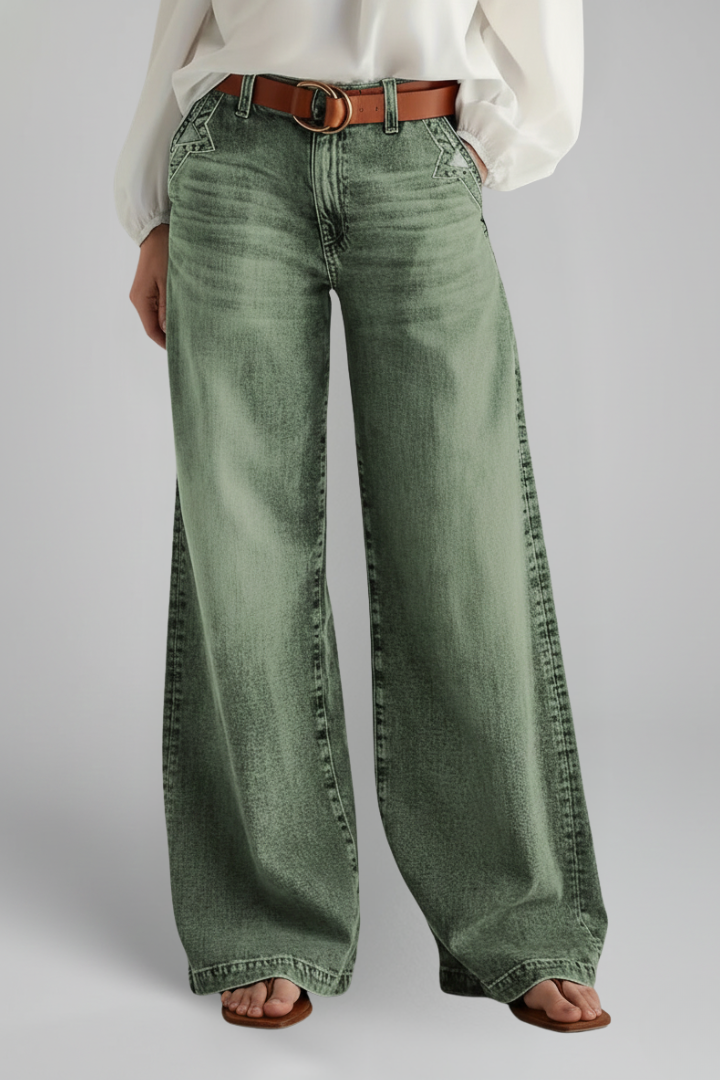 Stylish Army Green Jeans for Women with High Rise Wide Leg Relaxed Fit Flare Casual Jean Style