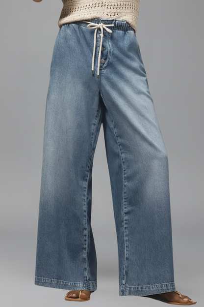 Effortless Light Blue Jeans for Women with Elastic Drawstring Waist Relaxed Wide Leg Casual Jean Style