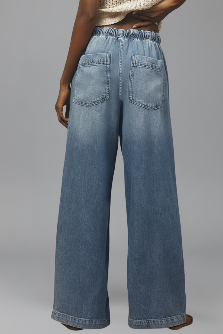 Effortless Light Blue Jeans for Women with Elastic Drawstring Waist Relaxed Wide Leg Casual Jean Style