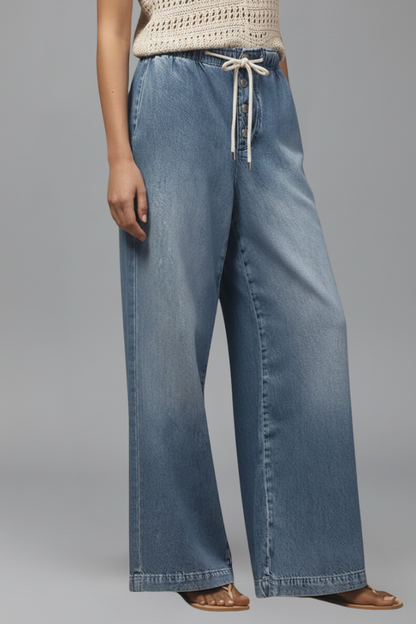 Effortless Light Blue Jeans for Women with Elastic Drawstring Waist Relaxed Wide Leg Casual Jean Style