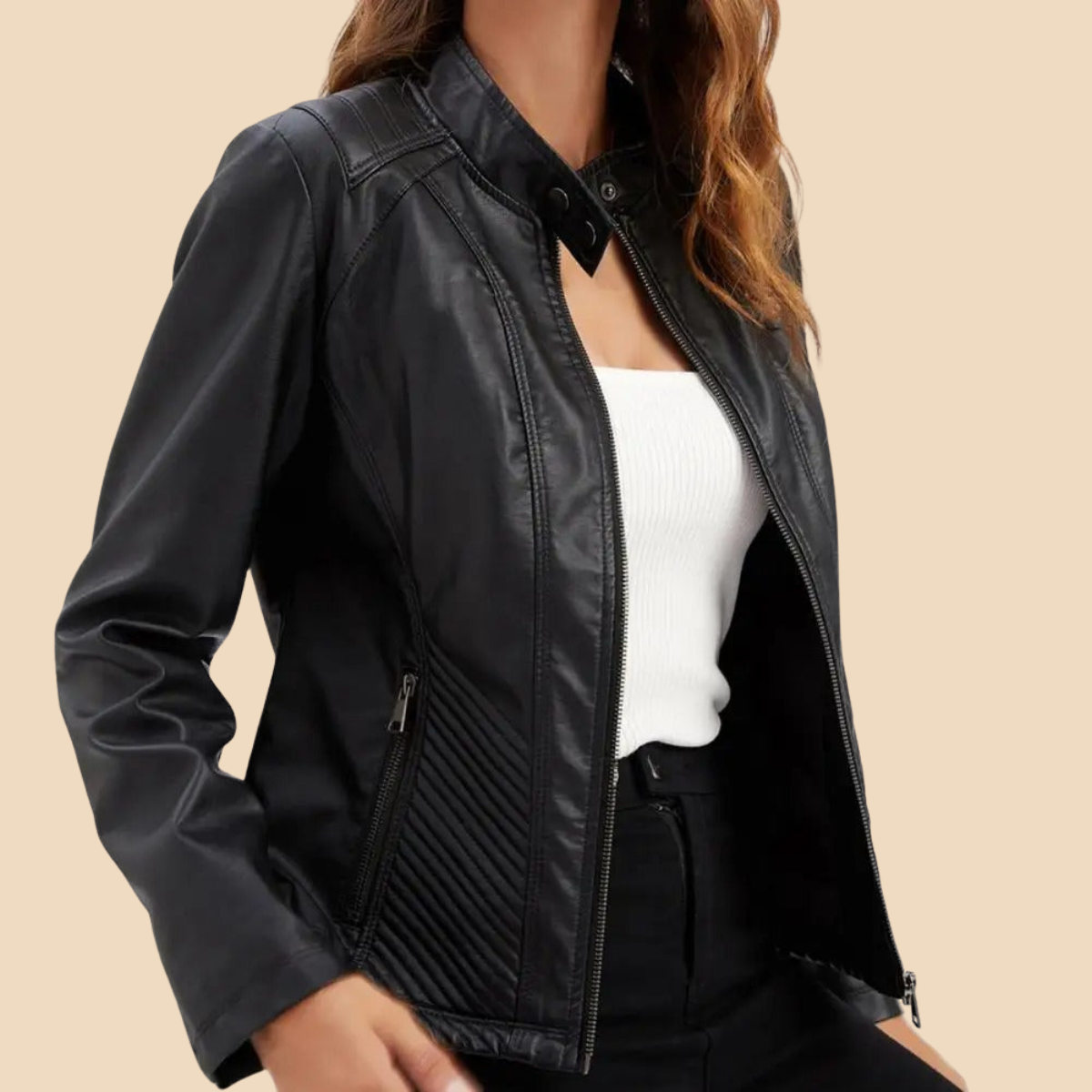 Elegant Leather Jacket for Women with Stand Collar Long Sleeve Quilted Zip Front Style