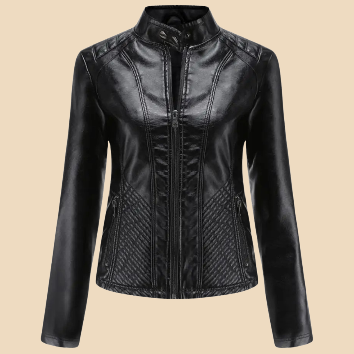 Elegant Leather Jacket for Women with Stand Collar Long Sleeve Quilted Zip Front Style