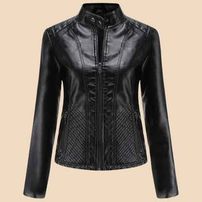 Elegant Leather Jacket for Women with Stand Collar Long Sleeve Quilted Zip Front Style